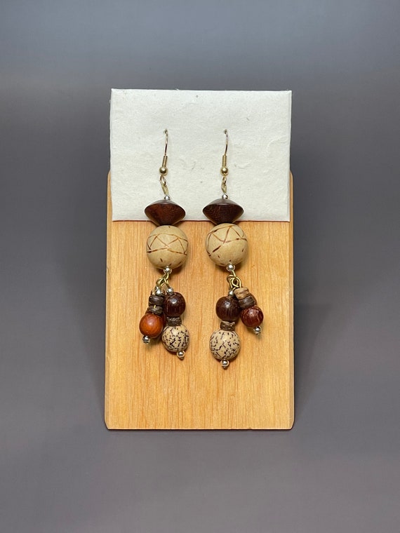Vintage Wood and Nut Bead Dangle Earrings
