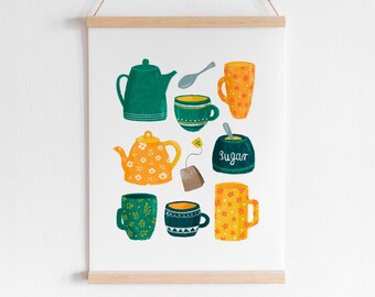 Poster for tea lovers • Cozy tea poster • Hygge • Wall decor • Cute illustration print • Tea cups