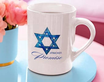 Tazza con design a stella di David, acquerello, design religioso, promessa, tazza da caffè da 440 ml per Hanukkah, regalo per la celebrazione ebraica, identità ebraica