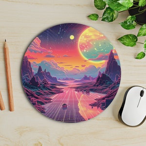 May include: A round mouse pad with a retro-futuristic design. The image features a pink and purple landscape with a glowing yellow moon and a grid pattern in the foreground.