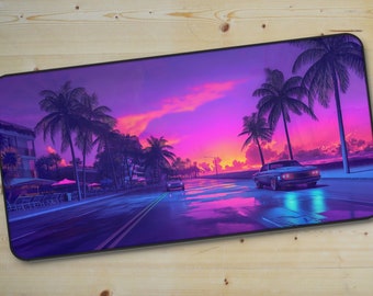 Neon Vaporwave Desk Mat 1980's Synthwave Miami Skyline XXL Gaming Mouse Pad, Retro Synthwave 90s Cyberpunk Futuristic City Street Mousepad