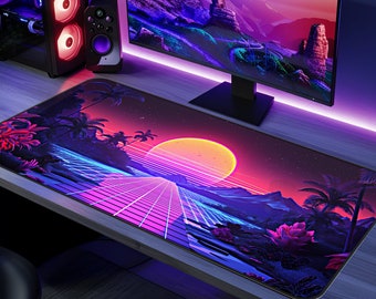 Neon Synthwave Desk Mat, 1980s Retro Vibrant Vaporwave Gaming Extended Mousepad, 90s Futuristic Miami Skyline Art Mouse Pad XL Gaming