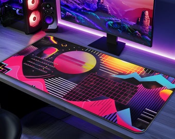 Neon Vaporwave Geometric Pattern Desk Mat, 1980s Retro Vibrant Synthwave Gaming XL Mousepad, 90s Retro Neon Cyberpunk Gift For Gamers
