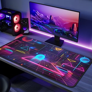 May include: A black and neon pink, blue, and yellow gaming mouse pad with a geometric design. The mouse pad features a grid pattern and glowing lines.