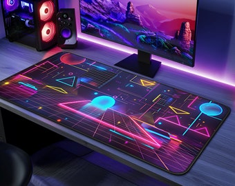 Retro Neon Cyberpunk Synthwave Geometric Pattern Desk Mat, 1980s Vibrant Vaporwave Gaming XXL Mousepad, 90s Purple Mouse Pad Gift For Gamers
