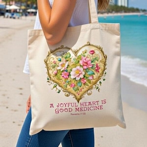Christian Canvas Tote Bag Scripture Quote Positive Inspirational Floral Heart Bible Faith Carryall Cotton Large Sturdy Ministry Team Gift