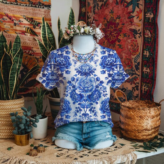 Camicia con motivo floreale in stile cinese, modello blu, stile