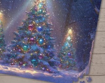 Xmas Tree Puzzle, Christmas Winter Forest Puzzle, Beautiful Christmas trees snowy forest jigsaw puzzle, Holiday Christmas Puzzle Gift