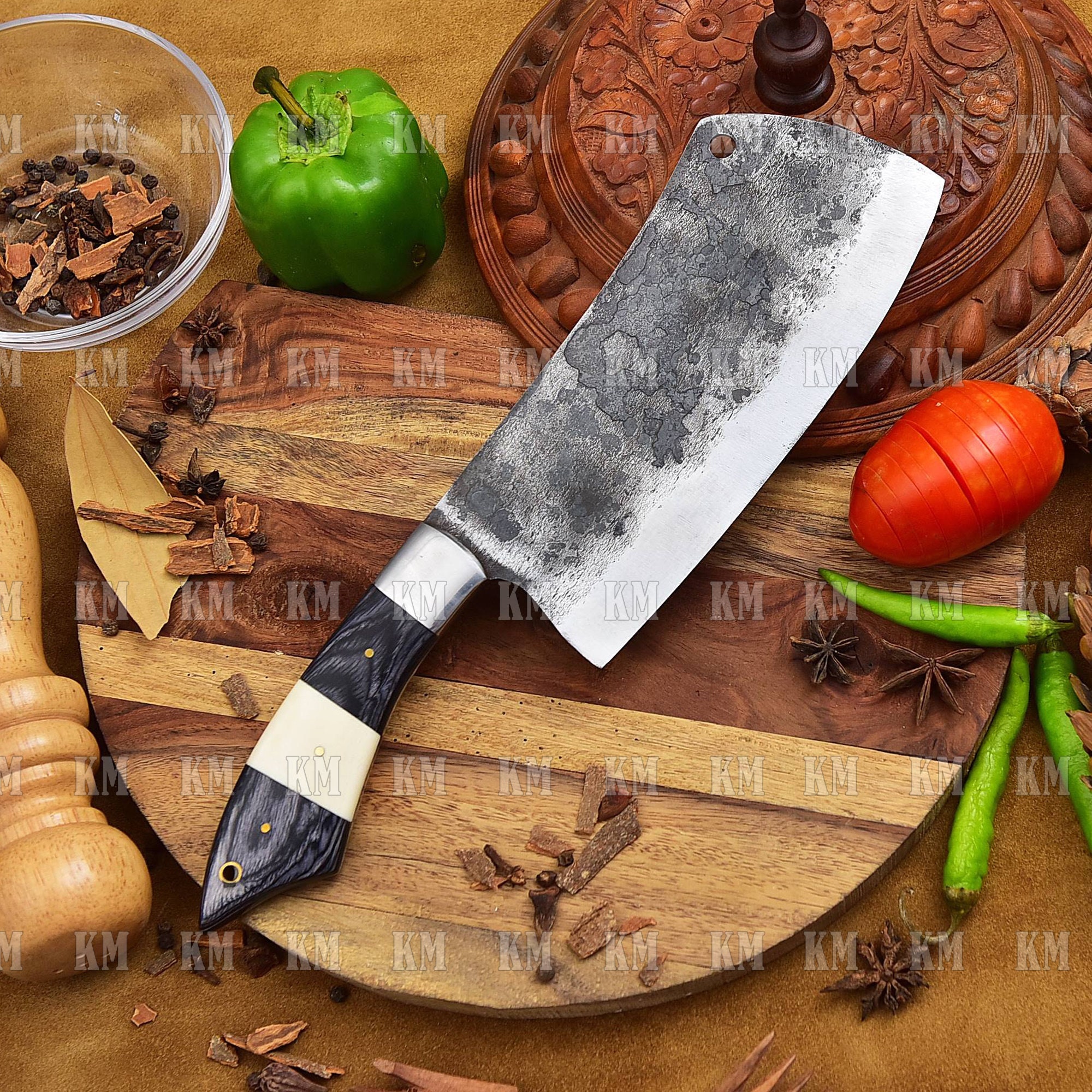 Heavy Duty Carbon Steel Cleaver / Meat Chopper With Burnt Camel Bone and  Walnut Handle by Titan 