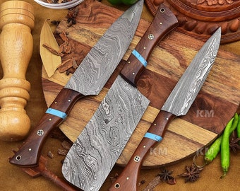 Custom Handmade Kitchen Knives Set 3 Pcs Damascus Steel Blades With Unique Handles Easter Gifts, Birthday  Gifts, Groomsman Gifts