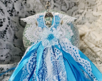 Handmade Blue and White Lace and Fabric Dress Ornament