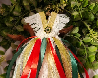 Handmade Red and Green and Gold Lace and Fabric Dress Ornament