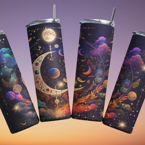 May include: Four stainless steel tumblers with a black background and gold accents. The tumblers feature a celestial design with a crescent moon, stars, planets, and clouds.