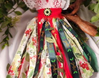 Handmade Red and Green and White Lace and Fabric Dress Ornament, Noel