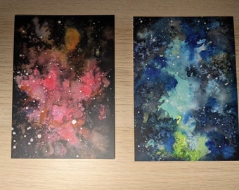 Set van 2 ansichtkaarten, A6-kaarten, kunstprints - Galaxy - aquarelillustratie