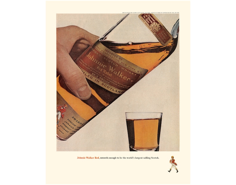 May include: A hand pours Johnnie Walker Red Label Scotch whisky from a bottle into a glass. The bottle label reads "Imported by" and "B.Y. Corporation New York, N.Y." and "Blended Scotch Whisky." The label also says "Johnnie Walker Red Label" and "86.8 Proof" and "Bottled in Scotland." The bottle has a red, white, and gold label with a stag and a rider on it. The text on the label says "Awards" and "Dunedin" and "Jamaica" and "Kimberly" and "Brisbane." The text on the label also says "Johnnie Walker Red, smooth enough to be the world's largest-selling Scotch."