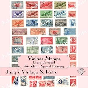 téléchargement numérique de timbres-poste vintage - poste aérienne, livraison spéciale, colis postal, frais de port - pour scrapbooking, journal, art, projets papier
