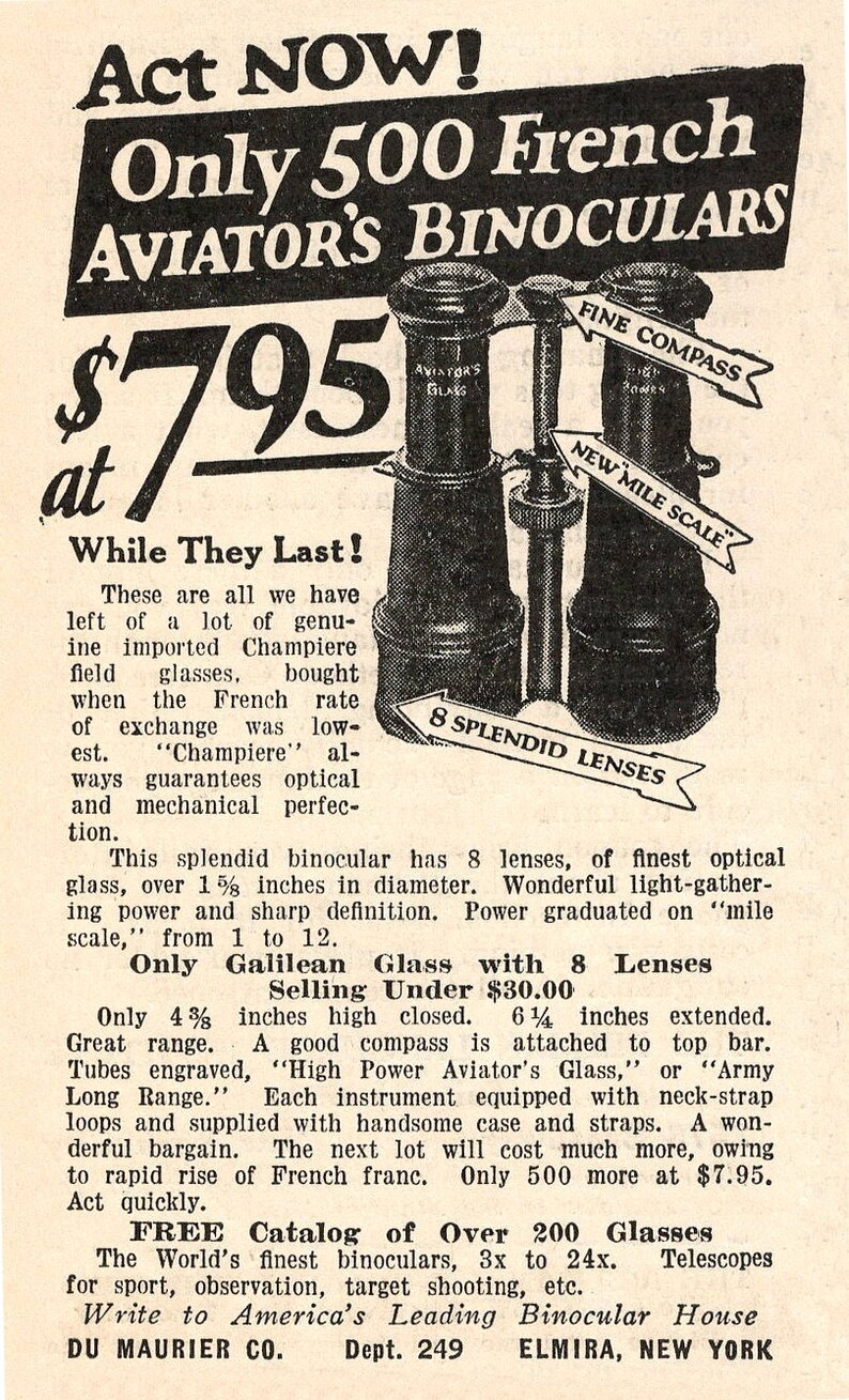 Du Maurier Binoculars 1924 Vintage Ad 300 Dpi Digital Download for ...