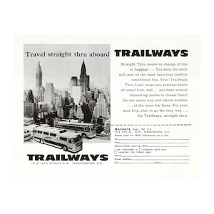 Trailways Thru-Liner bus travel - 1956 Vintage Magazine Travel Ad - 300 dpi Digital Download for Framing, Crafts, Art, etc. - 3.25x4.5&quot;