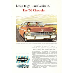 1956 Chevrov Bel Air Sport Sedan - Vintage Classic Car Magazin Anzeige - 300 dpi Digital - 16x24cm Download für Einrahmung, Basteln, Kunst etc.