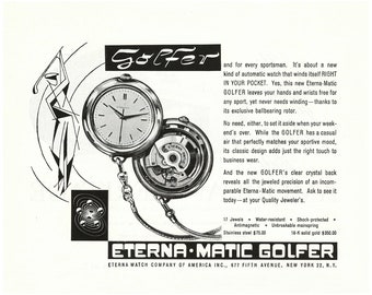 Eterna-Matic Golfer Watch Ad - 1956 Vintage Magazine Print (Digital Download)