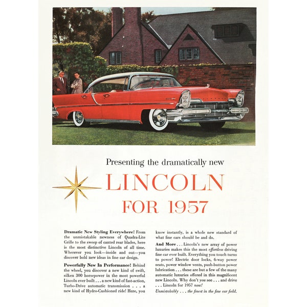 Lincoln for 1957  - 1956 Vintage Classic Car Magazine Ad - 300 dpi Digital Download for Framing, Crafts, Art, etc.
