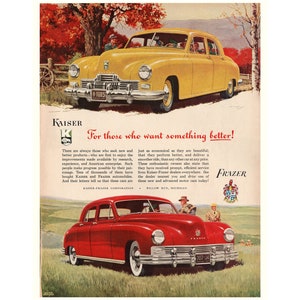 1947 Kaiser & Frazer Cars  - Vintage Classic Car Magazine Ad - 300 dpi Digital Download for Framing, Crafts, Art, etc.