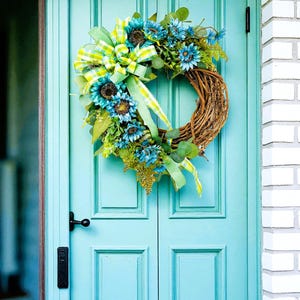 Sunflower Wreath, Premium Everyday Wreath, Summer Door Hanger, Blue Sunflower Decor, Everyday Wreath, Turquoise Sunflower Wreath, Farmhouse