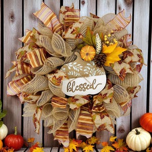Fall Wreath, Deco Mesh Wreath, Fall Decor, Harvest Wreath, Blessed Wreath, Autumn Wreath, Fall Door Hanger, Autumn Decor, Thanksgiving