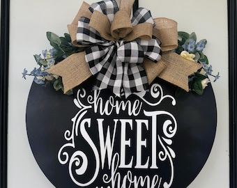 Home Sweet Home Door Hanger, Farmhouse Buffalo Plaid Wreath Sign