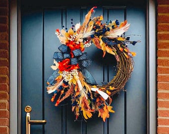 Blue Boho Fall Wreath, Autumn Grapevine Door Decor, Foxtail, Eucalyptus, Berries