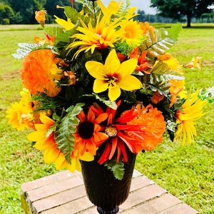 Red Orange Cemetery Flowers, Cemetery Vase Arrangement Insert, Funeral Vase Arrangement, Sympathy, Headstone Decor, Memorial, Grave Bouquet