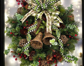 BESTSELLER Rustic Farmhouse Wreath, Front Door Wreath, Holiday Decor, Winter Wreath, Rattan Bell Wreath, Christmas Decor