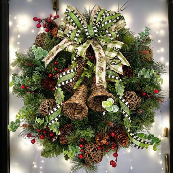 Rustic Farmhouse Wreath, Front Door Wreath, Holiday Decor, Winter Wreath, Rattan Bell Wreath, Farmhouse Wreath