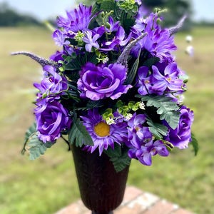 Purple Cemetery Flowers, Cemetery Vase Arrangement Insert, XL Vase Arrangement, Sympathy, Headstone Decor, Memorial, Flowers for Grave
