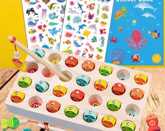 Angeln Alphabet-Spiel, ABC-Lernspielzeug für Kleinkinder, Vorschule Montessori Angeln aus Holz, Buchstabenkennung mit Bonus-Stickerbuch