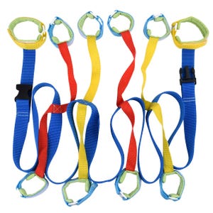 May include: A set of six colorful, adjustable straps with loops at each end. The straps are blue, red, and yellow, and the loops are green. The straps are designed to be used for a variety of activities, such as playing games or doing exercises.