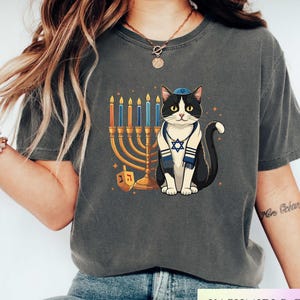 Hanukkah Cat Shirt, Jewish Cat Mama Lovers Gift TShirt, Happy Hanucat Tee Holiday Hanukkah Menorah Hebrew Love and Light Jewish Cat Mom