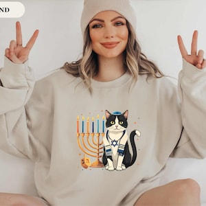 Hanukkah Cat Sweatshirt Jewish Cat Mama Lovers Gift Sweater Happy Hanucat Tee Holiday Hanukkah Menorah Hebrew Love and Light Jewish Cat Mom