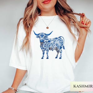 Cowgirl Shirt Chinoiserie Shirts Cow Country Western Cowgirl Shirt Highland Cown Farmer Tee Coquette Southern Daughter Gift Blue Bow Tshirt