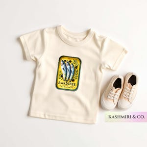 Yellow Sardines Toddler Shirt, Tinned Fish Tee Portugal Retro Kids Baby Sardine Coastal Travel Europe Fish Lover Gift Tin Fish Party Tee