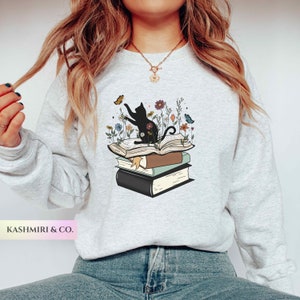Bookish Cat Sweatshirt, Book Lover Sweater, Gift for Cat Lover, Floral Cat Book Shirt, Librarian Gifts, Teacher Gifts, Floral Cat Sweatshirt