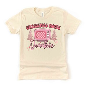 Christmas Movie Season Kids T Shirt, Pink Christmas Movie Junkie Youth Shirt, Cute Christmas Sweater, Holiday Movies Tee, Retro XMas Tee