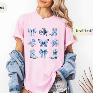 Chemise cow-girl coquette western rétro, bottines de cow-boy Chinoiserie tendance noeud chemise toile de Jouy esthétique jolie maman cadeau noeud bleu cadeau tshirt