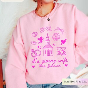 Personalized Wedding Sweatshirt Its Giving Wife Doodles Tee Gift for Custom Name Newly Married Chapel Honeymoon Wife Sweater, Trendy Bride
