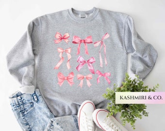 Pink Bow Sweatshirt, Coquette Sweater, Ballet Shirt, Coquette Crewneck, Valentine Tee, Girly Pink Ribbon Bow, Best Friend Gift Breast Cancer