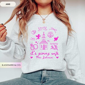 Personalized Wedding Sweatshirt Its Giving Wife Doodles Tee Gift for Custom Name Newly Married Chapel Honeymoon Wife Sweater, Trendy Bride