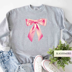 Pink Bow Crewneck Sweatshirt, Coquette Sweater, Ballet Shirt Crewneck, Valentine Tee, Girly Pink Ribbon Bow, Best Friend Gift Breast Cancer