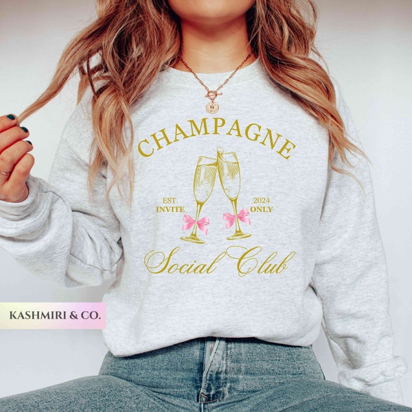 Champagne Social Club Party Sweatshirt Bow Coquette Cocktail Sweater Girls Night Out Crewneck Bachelorette Club Gift Bridal Birthday Gifts