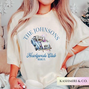 Personalized Newlyweds Shirt, Just Married Retro Car Tee, Custom Name Anniversary Tshirt Mr and Mrs Tees Honeymoon Club Gift Couple Tee
